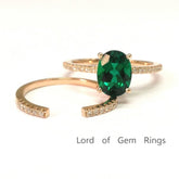 Oval Emerald Ring & Diamond Open End Band Bridal Set 14K Rose Gold - Lord of Gem Rings