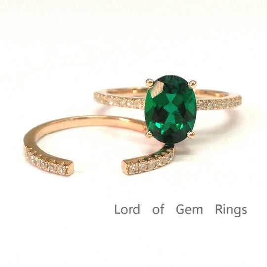 Oval Emerald Ring & Diamond Open End Band Bridal Set 14K Rose Gold