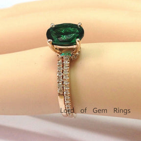 Oval Emerald Ring & Diamond Open End Band Bridal Set 14K Rose Gold - Lord of Gem Rings