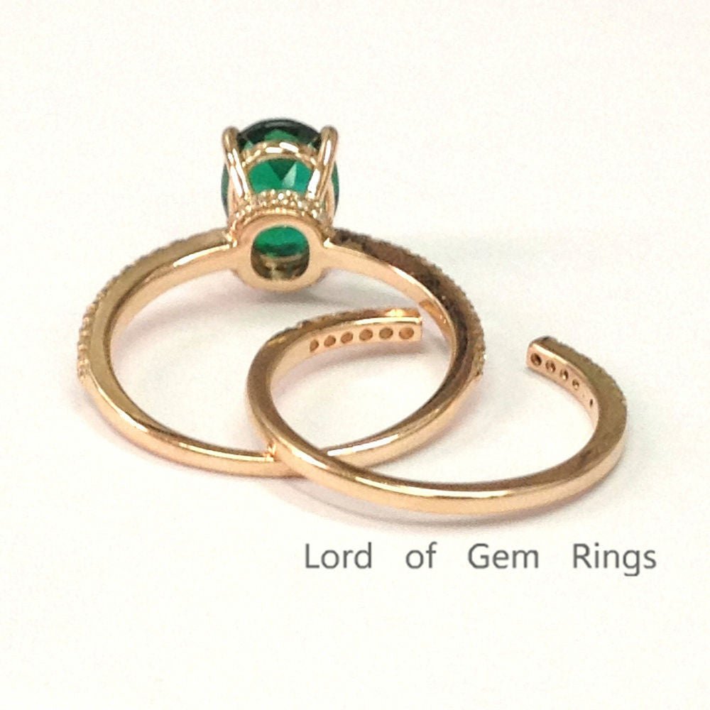 Oval Emerald Ring & Diamond Open End Band Bridal Set 14K Rose Gold - Lord of Gem Rings