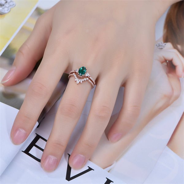 Oval Emerald Trillion Moissanite Ring Pearl Diamond Tiara Band Bridal Set - Lord of Gem Rings