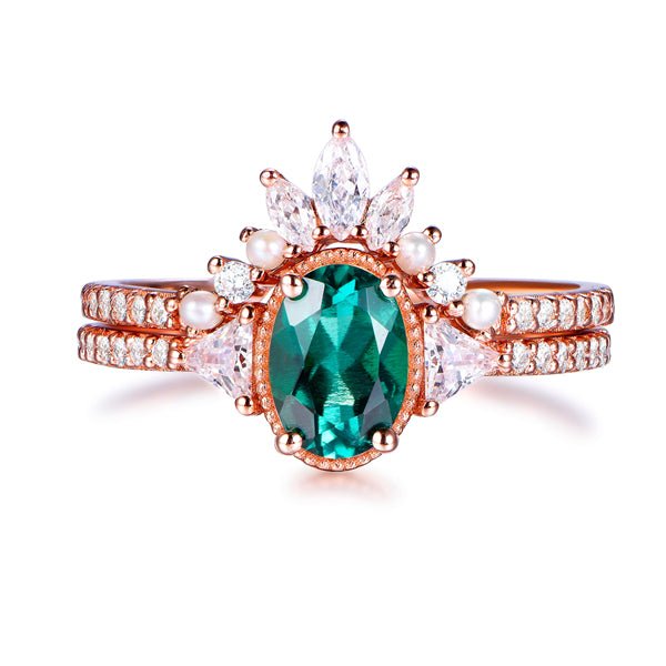 Oval Emerald Trillion Moissanite Ring Pearl Diamond Tiara Band Bridal Set - Lord of Gem Rings