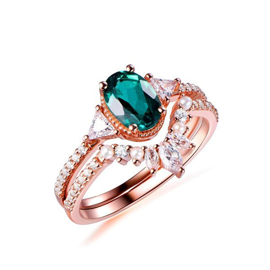 Oval Emerald Trillion Moissanite Ring Pearl Diamond Tiara Band Bridal Set