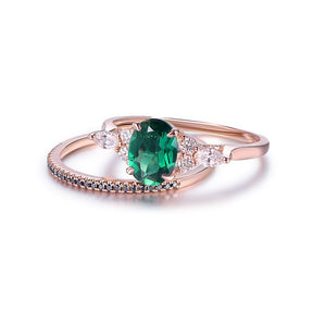 Oval Emerald Triple Accents Black Diamond Band Bridal Set - Lord of Gem Rings