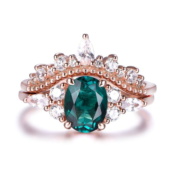 Oval Emerald Triple Accents Diamond Tiara Band Bridal Set - Lord of Gem Rings