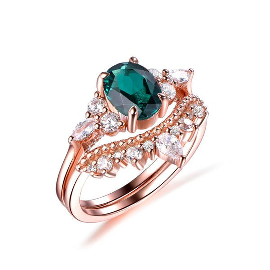 Oval Emerald Triple Accents Diamond Tiara Band Bridal Set