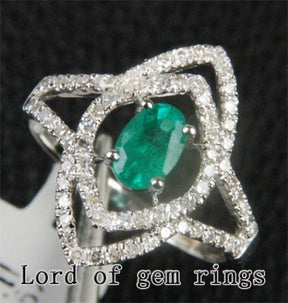 Oval Emerald Unique Halo Engagement Ring with Diamond Accents - Lord of Gem Rings