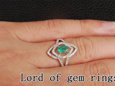 Oval Emerald Unique Halo Engagement Ring with Diamond Accents - Lord of Gem Rings