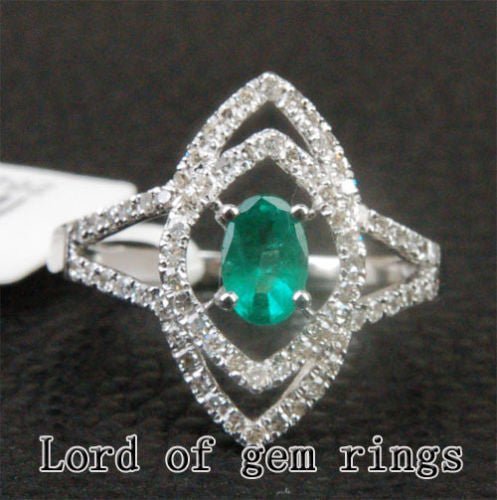 Oval Emerald Unique Halo Engagement Ring with Diamond Accents - Lord of Gem Rings