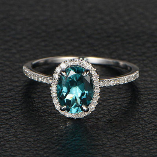 Oval Genuine Blue Tourmaline Diamond Halo Engagement Ring