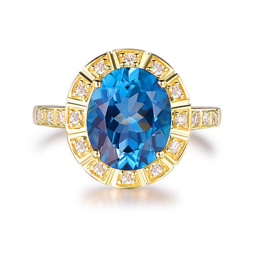 Oval London Blue Topaz Diamond Bar Ring 14K Gold