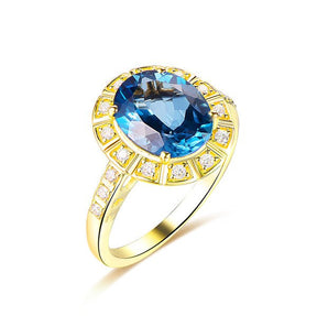 Oval London Blue Topaz Diamond Bar Ring 14K Gold - Lord of Gem Rings