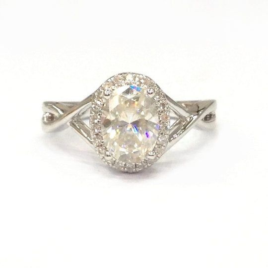 Oval Moissanite Crossover Ring with Diamond Halo