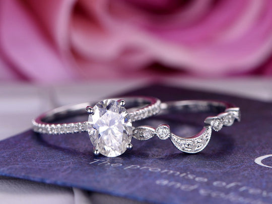 Oval Moissanite Hidden Halo Diamond Crescent Bridal Set
