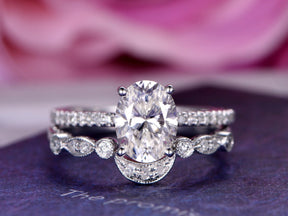 Oval Moissanite Hidden Halo Diamond Crescent Bridal Set - Lord of Gem Rings