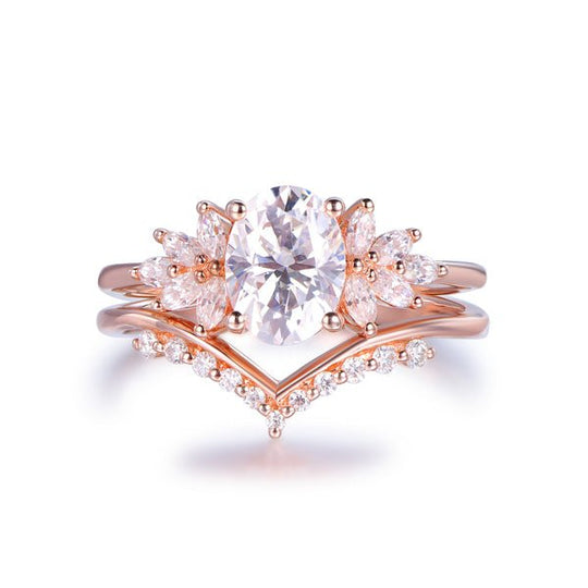 Oval Moissanite Ring with Chevron Band Bridal Set in 14K Gold