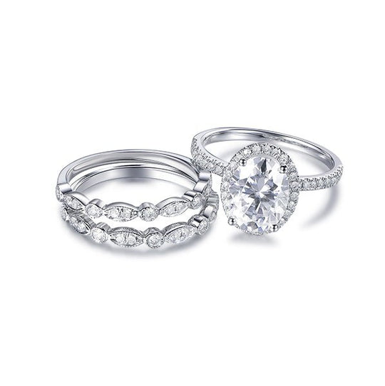 Oval Moissanite Trio Bridal Set 14K White Gold
