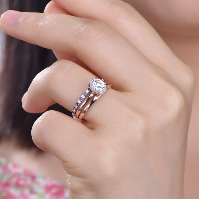 Oval Moissanite Engagement Ring Trio Bridal Set Sapphire Matching