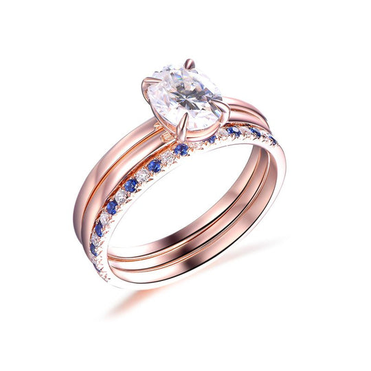 Oval Moissanite Trio Bridal Set Sapphire Matching Bands