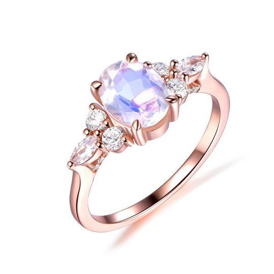 Oval Moonstone Diamond Triple Accents Ring 14k Rose Gold