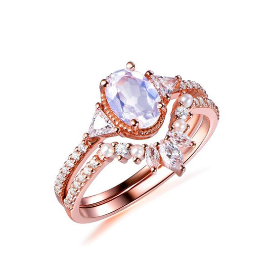 Oval Moonstone Trillion Moissanite with Pearl Diamond Tiara Band Bridal Set