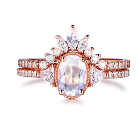 Oval Moonstone Trillion Moissanite with Pearl Diamond Tiara Band Bridal Set - Lord of Gem Rings
