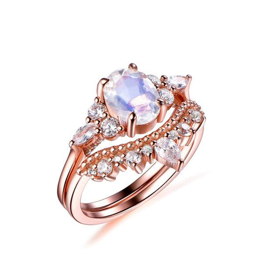 Oval Moonstone Triple Accents Diamond Tiara Band Bridal Set