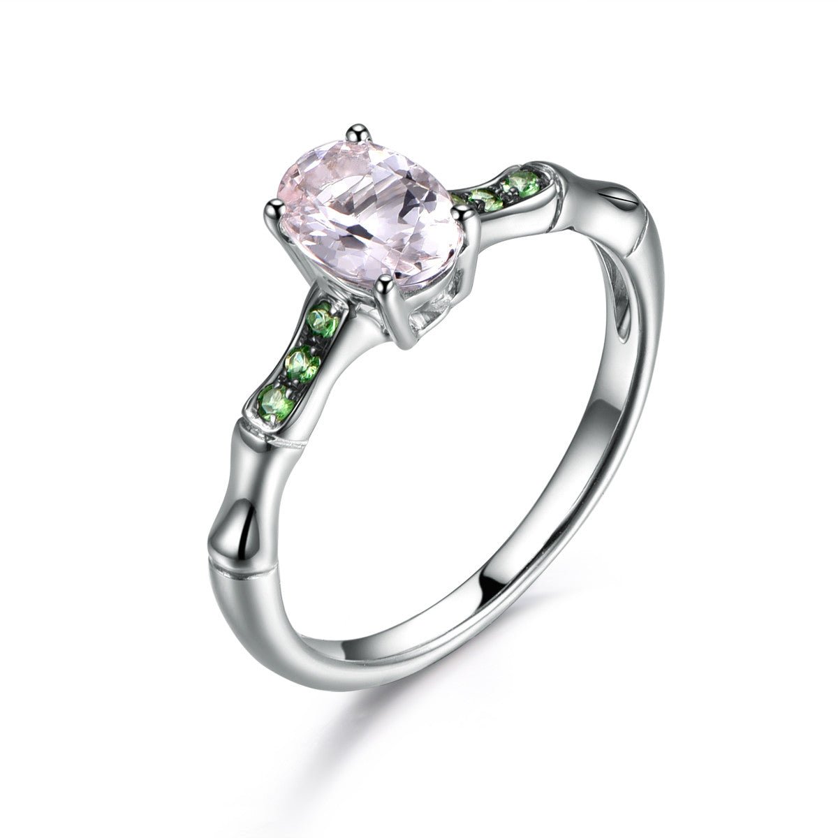 Oval Morganite Bamboo Ring with Tsavorite Accents 14K White Gold - Lord of Gem Rings