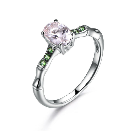 Oval Morganite Bamboo Ring with Tsavorite Accents 14K White Gold