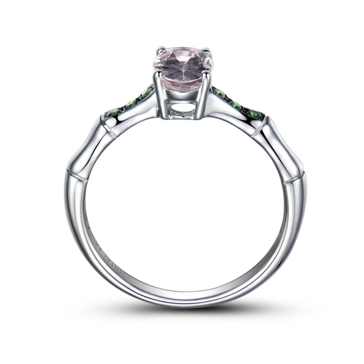 Oval Morganite Bamboo Ring with Tsavorite Accents 14K White Gold - Lord of Gem Rings