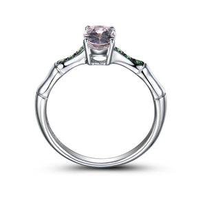 Oval Morganite Bamboo Ring with Tsavorite Accents 14K White Gold - Lord of Gem Rings