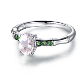 Oval Morganite Bamboo Ring with Tsavorite Accents 14K White Gold - Lord of Gem Rings