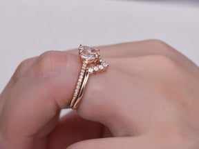 Oval Morganite Bridal Ring Set Chevron Moissanite Band 14K Rose Gold - Lord of Gem Rings