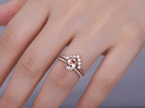 Oval Morganite Bridal Ring Set Chevron Moissanite Band 14K Rose Gold - Lord of Gem Rings