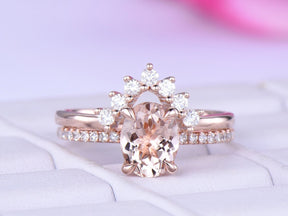 Oval Morganite Bridal Ring Set Chevron Moissanite Band 14K Rose Gold - Lord of Gem Rings