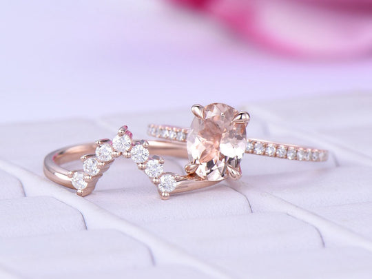 1.2ct Oval Morganite Bridal Ring Set Chevron Moissanite Band 14K Rose Gold