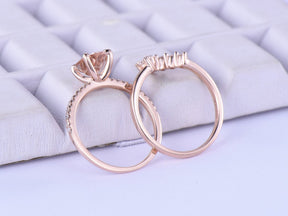 Oval Morganite Bridal Ring Set Chevron Moissanite Band 14K Rose Gold - Lord of Gem Rings