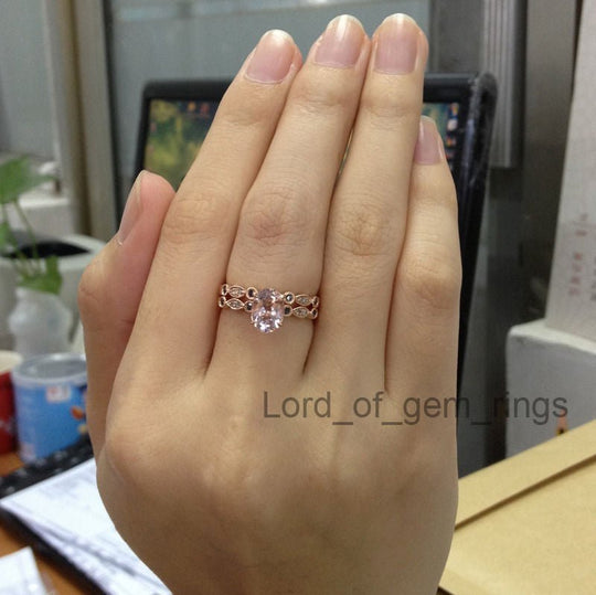 Oval Morganite Bridal Set Art Deco Black Diamond Band 14K Rose Gold