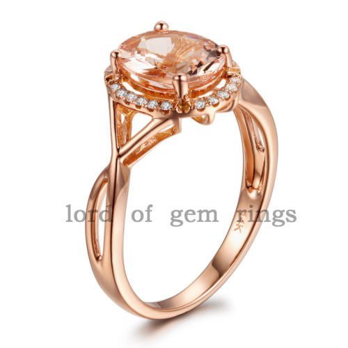 Oval Morganite Crossover Ring Diamond Halo - Lord of Gem Rings