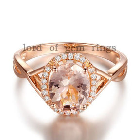 Oval Morganite Crossover Ring Diamond Halo - Lord of Gem Rings