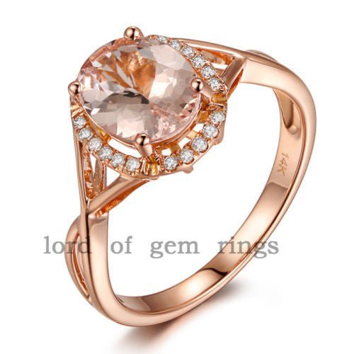 Oval Morganite Crossover Ring Diamond Halo - Lord of Gem Rings