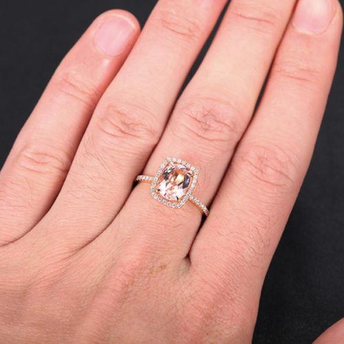 Oval Morganite Diamond Cushion Halo Ring 14K Rose Gold - Lord of Gem Rings