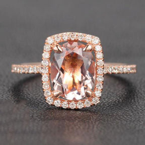 Oval Morganite Diamond Cushion Halo Ring 14K Rose Gold - Lord of Gem Rings