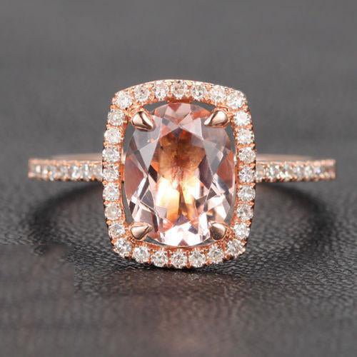 Oval Morganite Diamond Cushion Halo Ring 14K Rose Gold - Lord of Gem Rings