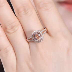 Oval Morganite Diamond Halo Split Shank Ring - Lord of Gem Rings