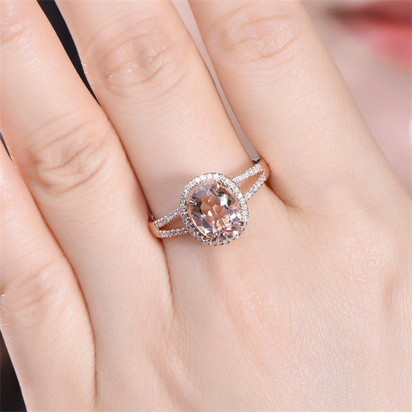 Oval Morganite Diamond Halo Split Shank Ring - Lord of Gem Rings