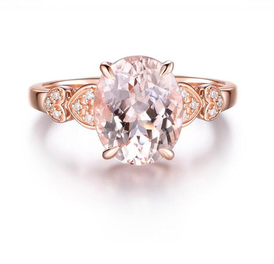 Oval Morganite Diamond Lovely Heart Ring 14K Rose Gold
