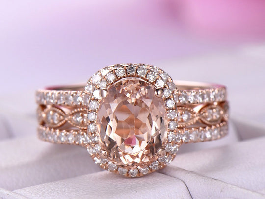 2ct Oval Morganite Ring Diamond Halo Forever Together Bridal Set
