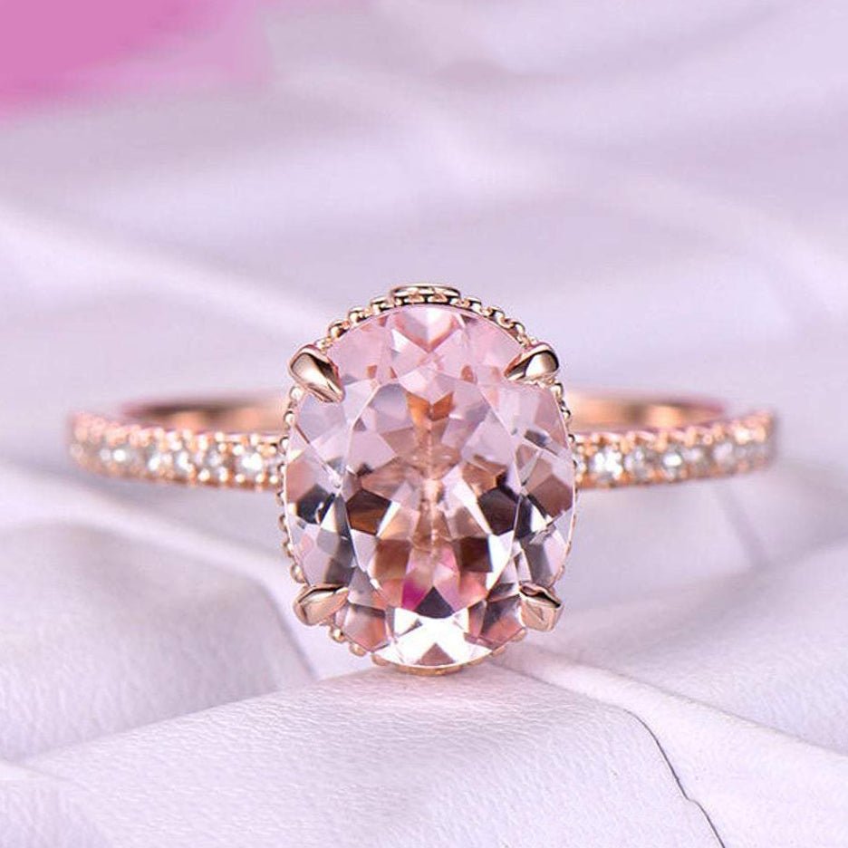 Oval Morganite Diamond Ring Milgrain Under Gallery 14K Rose Gold - Lord of Gem Rings