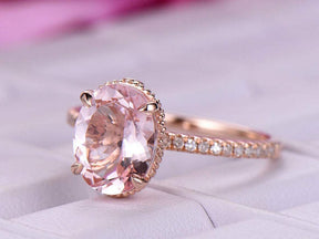 Oval Morganite Diamond Ring Milgrain Under Gallery 14K Rose Gold - Lord of Gem Rings